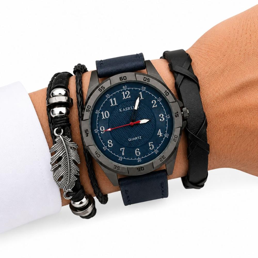 Set Reloj Analógico Cuarzo para Hombre con Pulseras Pluma para Regalo - Azul Oscuro