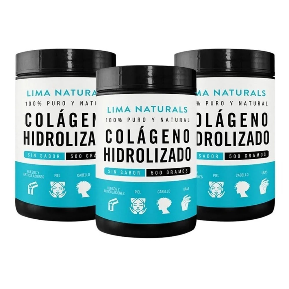Pack 03 Pomos Colageno Hidrolizado Sin Sabor Lima Naturals 500 gr