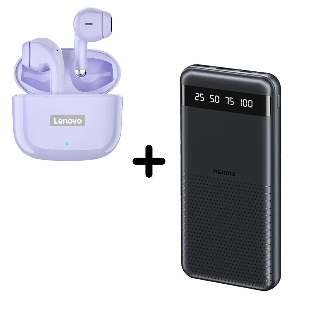 Combo Power Bank Remax RPP-10 Negro + Audífono Lenovo LP40 Pro Purpura