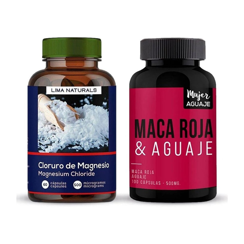 Cloruro de Magnesio 60 Cápsulas + Maca Roja & Aguaje 100 Cápsulas Mujer Aguaje.