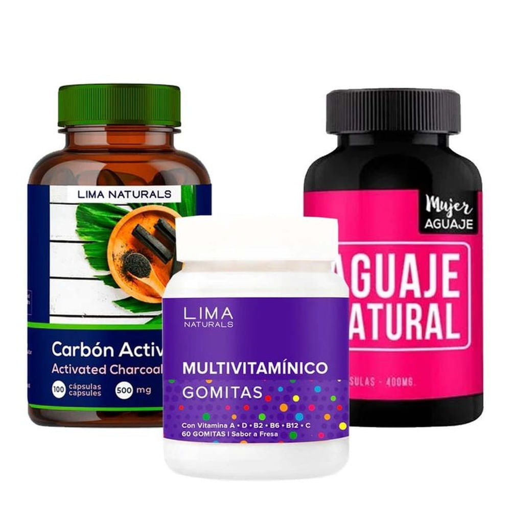 Carbón Activado Cápsulas + Gomitas Multivitamínico + Aguaje Cápsulas