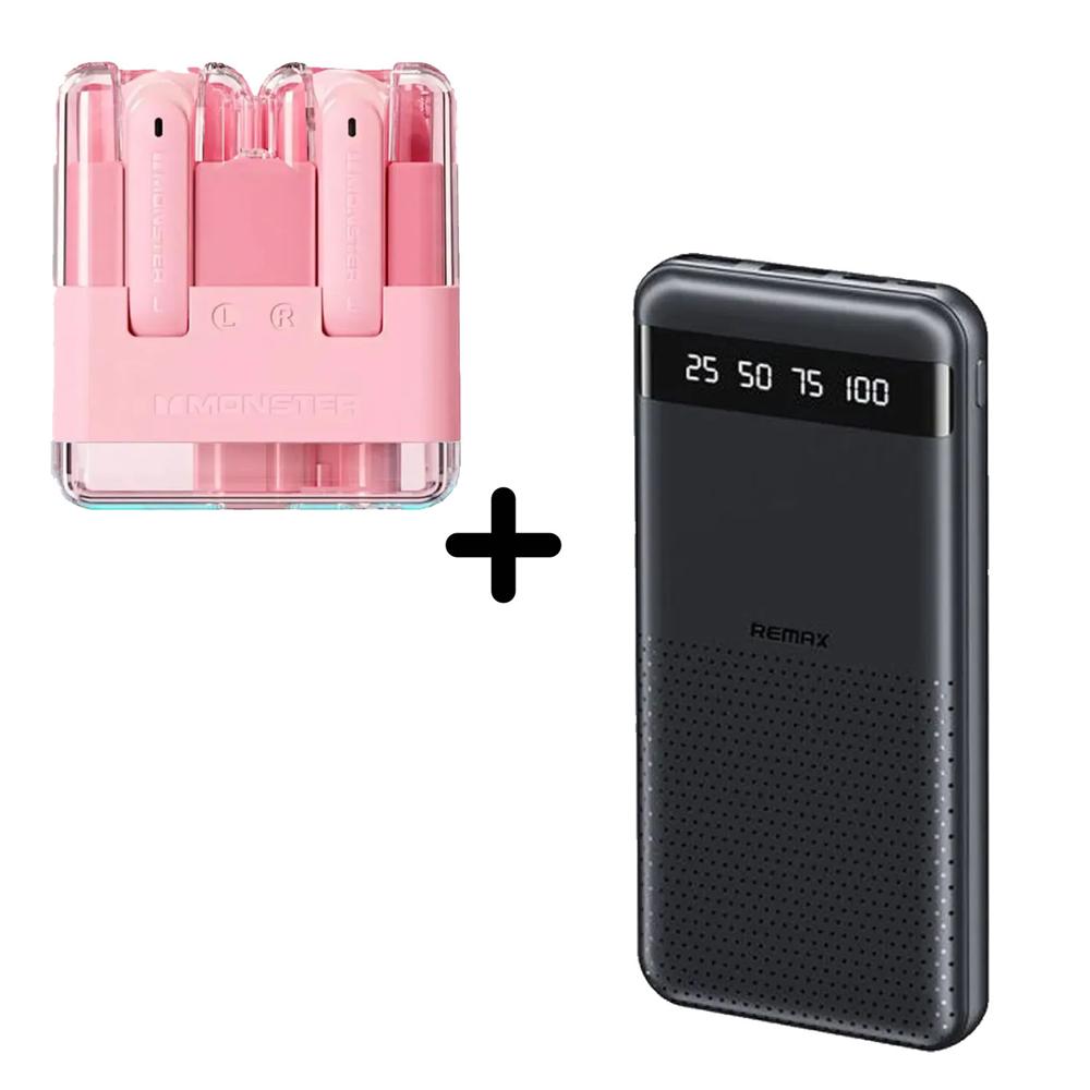 Combo Power Bank Remax RPP-10 Negro + Audífonos Monster XKT12 Rosado