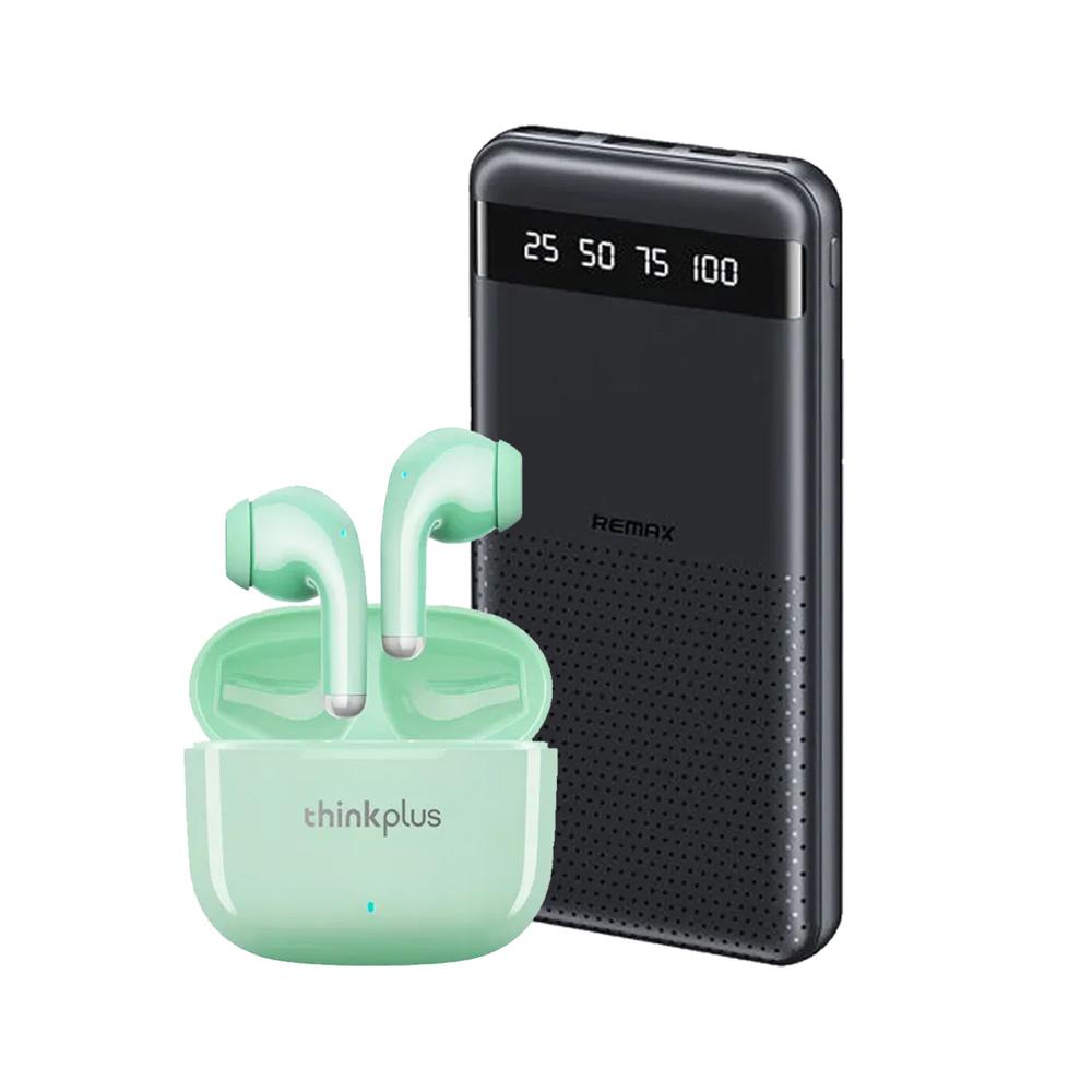 Combo Power Bank Remax RPP-10 Negro + Audífono Lenovo LP40 Pro Verde
