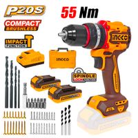 Taladro Atornillador Percutor 13MM Ingco CIDLI20558 20V 55Nm 2Bat x 2Ah Brushless Y Accesorios