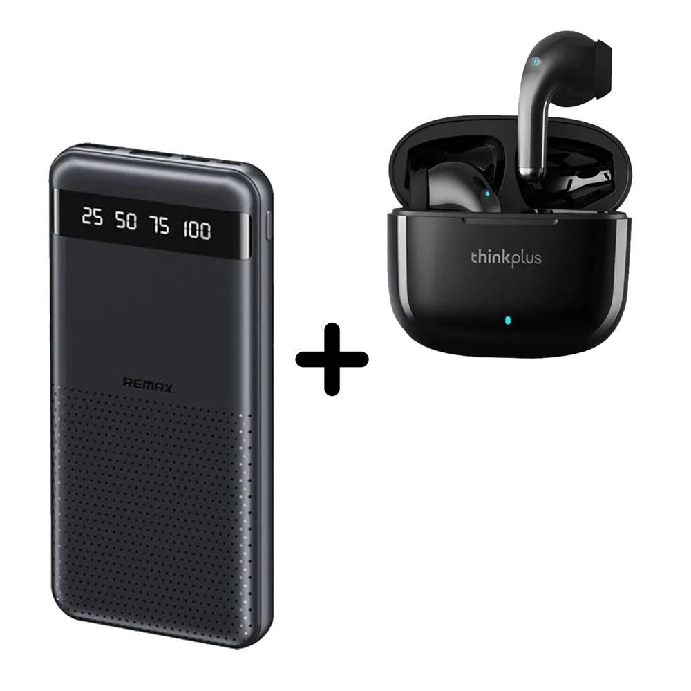 Combo Power Bank Remax RPP-10 Negro + Audífono Lenovo LP40 Pro Negro