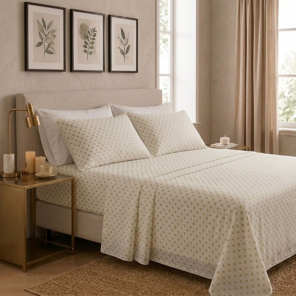 Juego de sabanas orma hogar king blanco con estrellas beige 200 hilos algodón pima