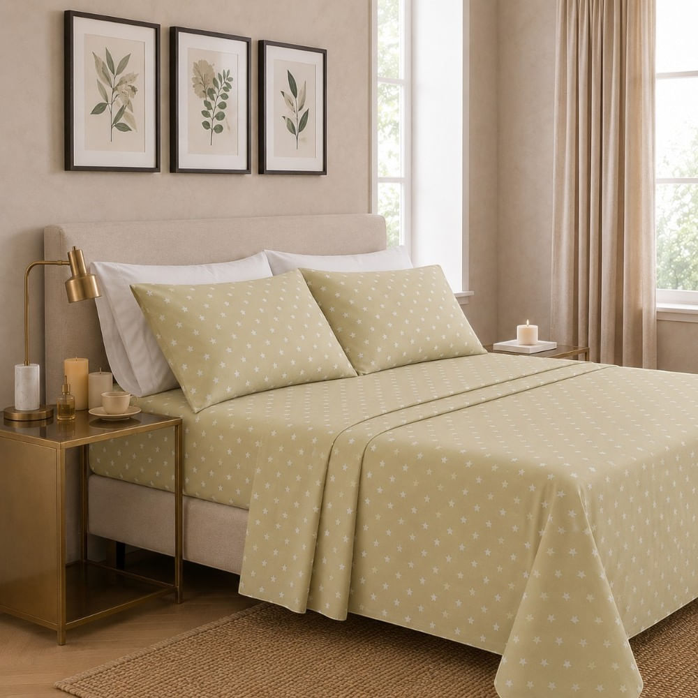 Juego de sabanas orma hogar 1 plaza beige con estrellas blancas 200 hilos algodón pima