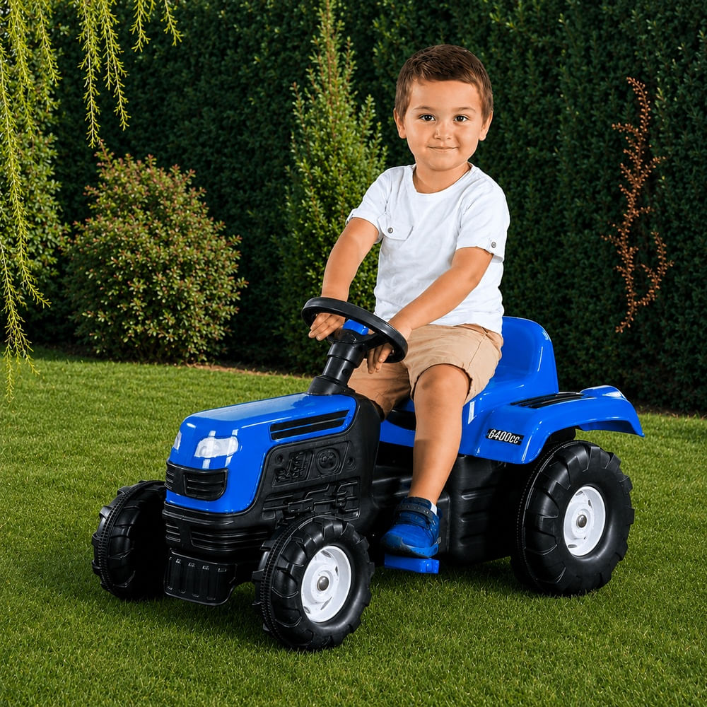 Tractor Carro Infantil a Pedales Azul para Niños Montable con 4 Ruedas y Volante Funcional