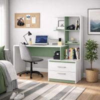 ESCRITORIO CON ESTANTE ENSUEÑO DE MELAMINA AURA BLANCO VERDE
