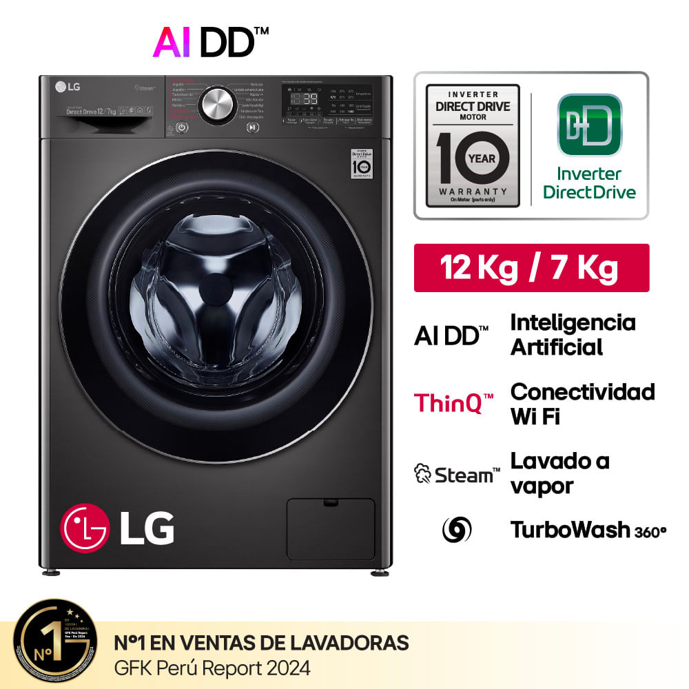 Lavaseca LG WD12PVC3S6C 12-7 Kg Carga Frontal Negro Acero