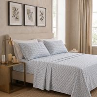 Juego de sabanas orma hogar queen blanco con zigzag celeste 200 hilos algodón pima