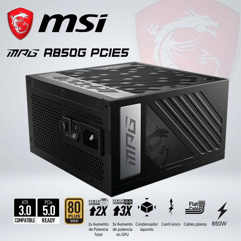 FUENTE DE ALIMENTACIÓN MSI MPG A850G PCIE5 DE 850W CON CERTIFICACIÓN 80 PLUS GOLD.
