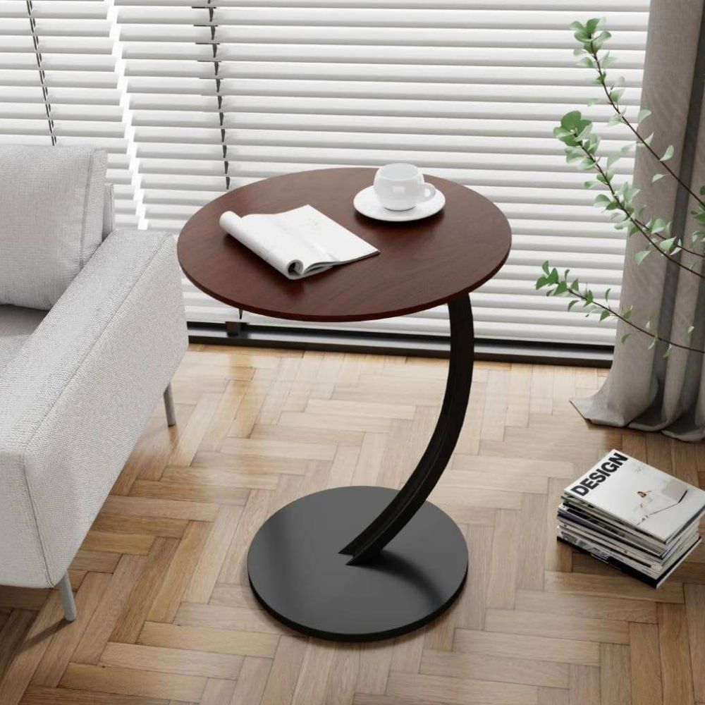 Mesa Auxiliar Lateral con Base Circular y Tablero de Madera