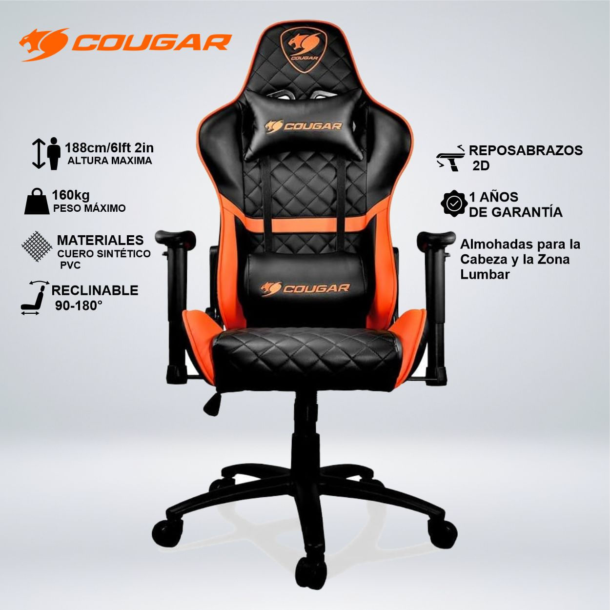 SILLA GAMER ARMOR ONE COJIN LUMBAR Y CUELLO RECLINA 180 GRADOS REPOSABRAZO 2D