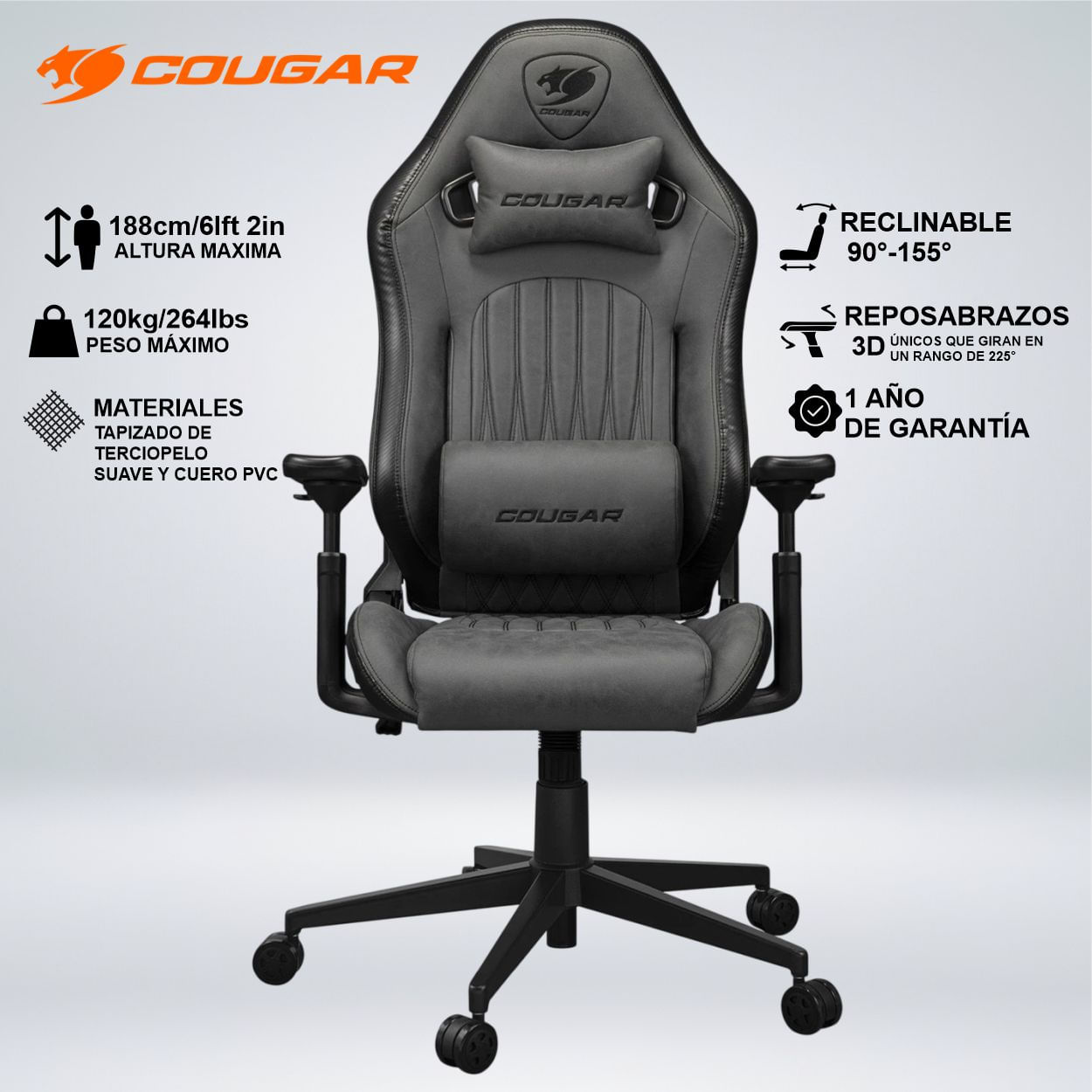 SILLA COUGAR EXPLORE JET GRAY F COMODIDAD ESTILO TERCIOPELO RECLINA 155