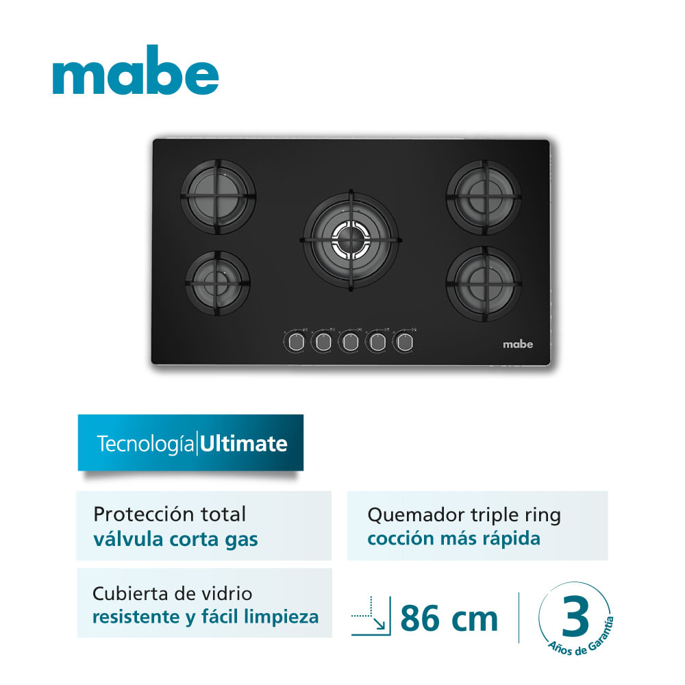 Cocina Empotrable Mabe PM8655GV0 Negro con 5 Quemadores de Hierro Fundido