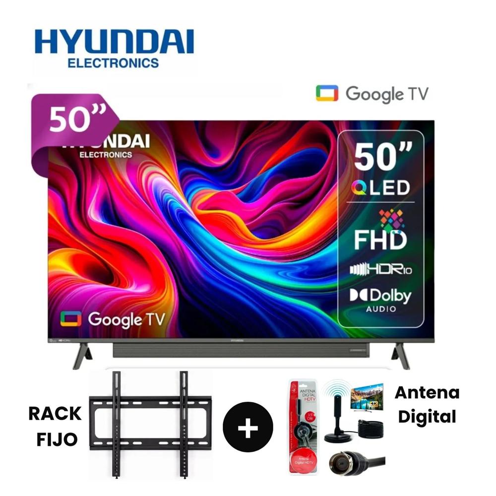 Televisor HYUNDAI DE 50 QLED Modelo 50QFG más Antena Digital más Rack