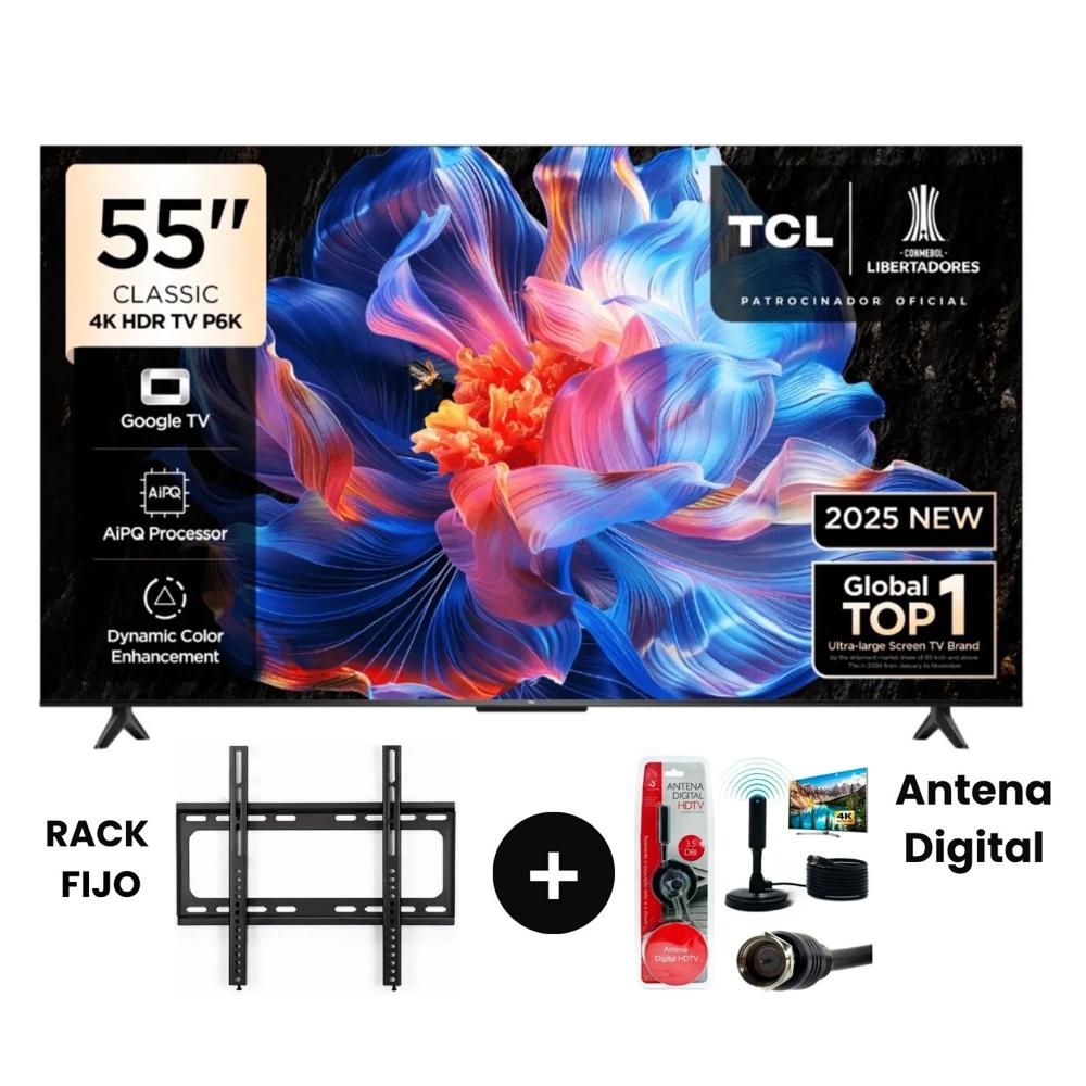 Televisor TCL 55  4K UHD  Modelo 55P6K más Antena Digital más Rack