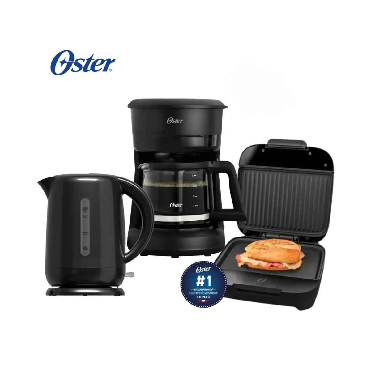 Combo OSTER Sandwichera - Hervidor 1.7L - Cafetera 5 Tazas