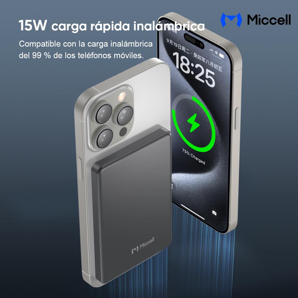 Miccell Power Bank Magnético 5000mAh Ultra Delgado con Carga Inalámbrica 15W y Carga Rápida PD 20W