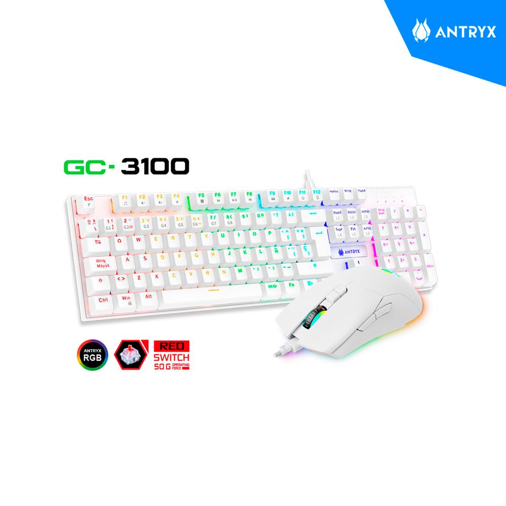 KIT ANTRYX GAMING TECLADO MECANICO MOUSE GC-3100 WHITE RED SWITCH