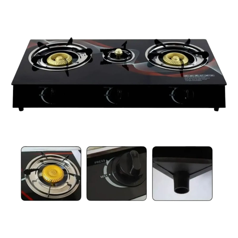 Cocina A Gas De Mesa 3 Hornillas Vidrio Templado Moderna