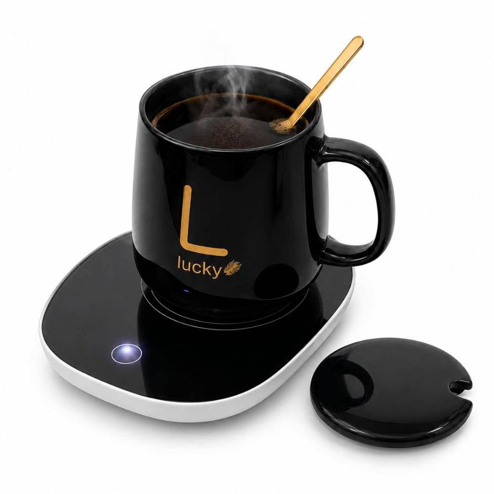 Taza Eléctrica con Calentador Café Lucky con Base Térmica Tapa y Cuchara Negro