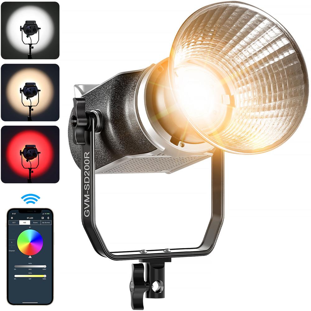 GVM LED Spotlight SD200R Bi-Color y RGB, 2700-7500K, 200W, Control por App, 62,800 Lux