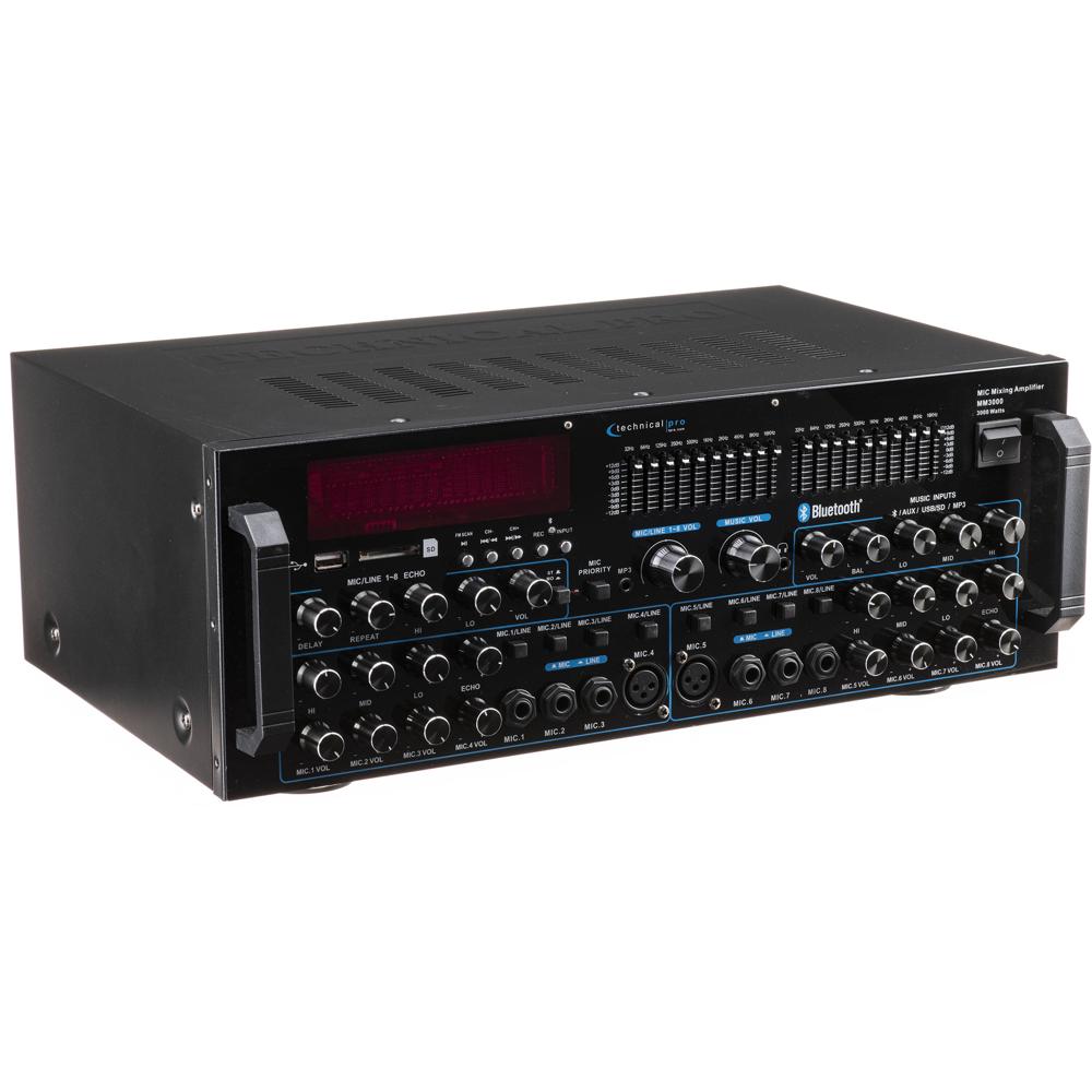 Technical Pro MM3000 Amplificador Mezclador de Micrófono 3000W con Entradas USB, SD y Blu