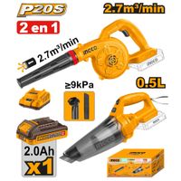 Kit Sopladora más Aspiradora Ingco con Batería 2.0Ah y Cargador COSLI240998