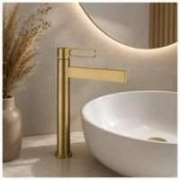 Grifo Alto Dorado Cepillado para Lavatorio Baño Elegante