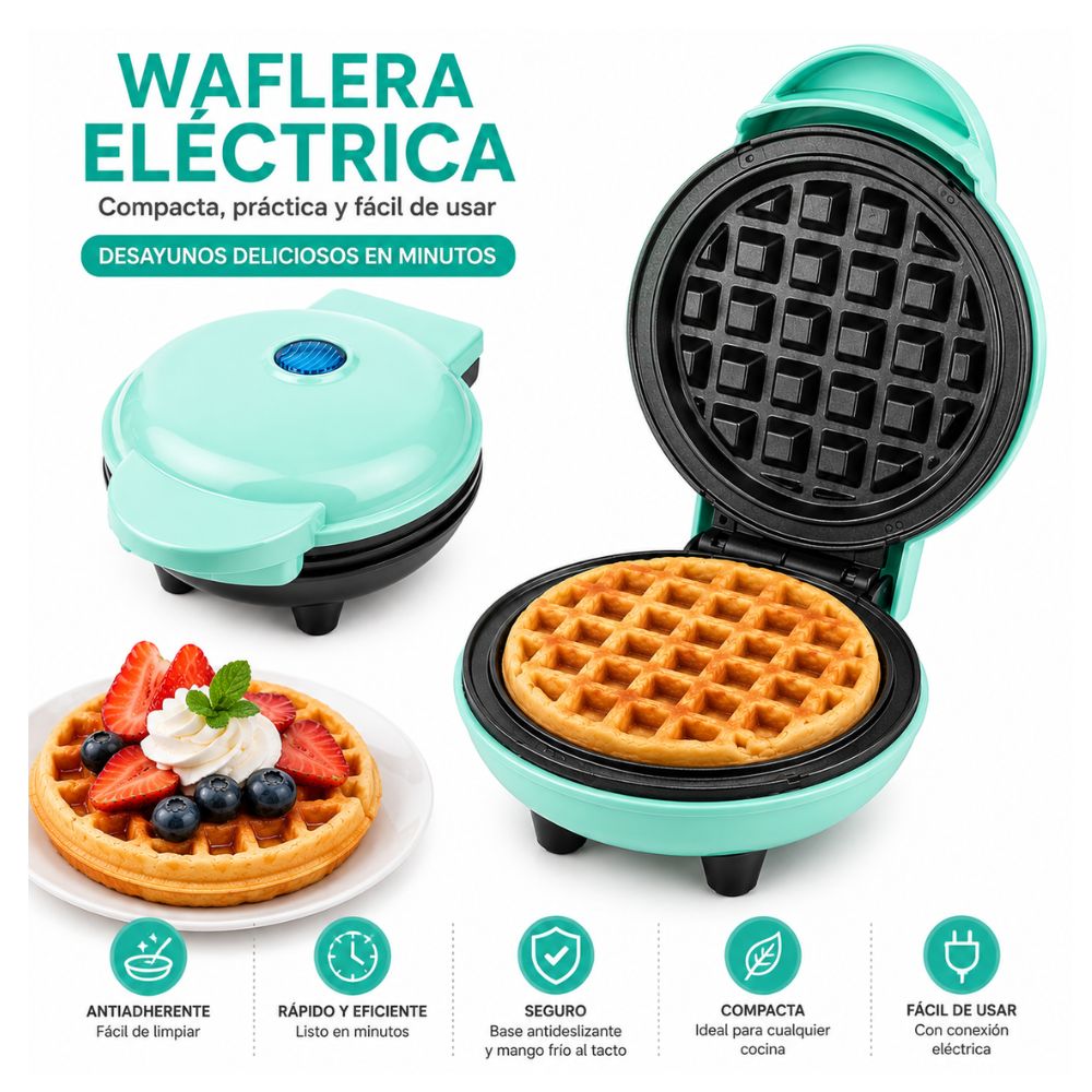 Mini Wafflera Antiadherente Eléctrica Portátil de 350W Verde