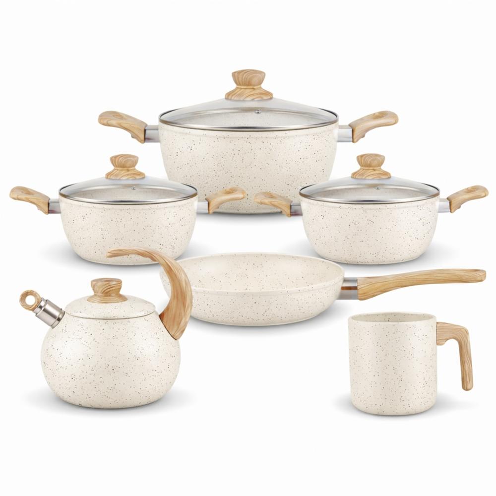 Juego de Olla Roca Volcánica Antiadherente y Liviana por 10 Pzs Crema