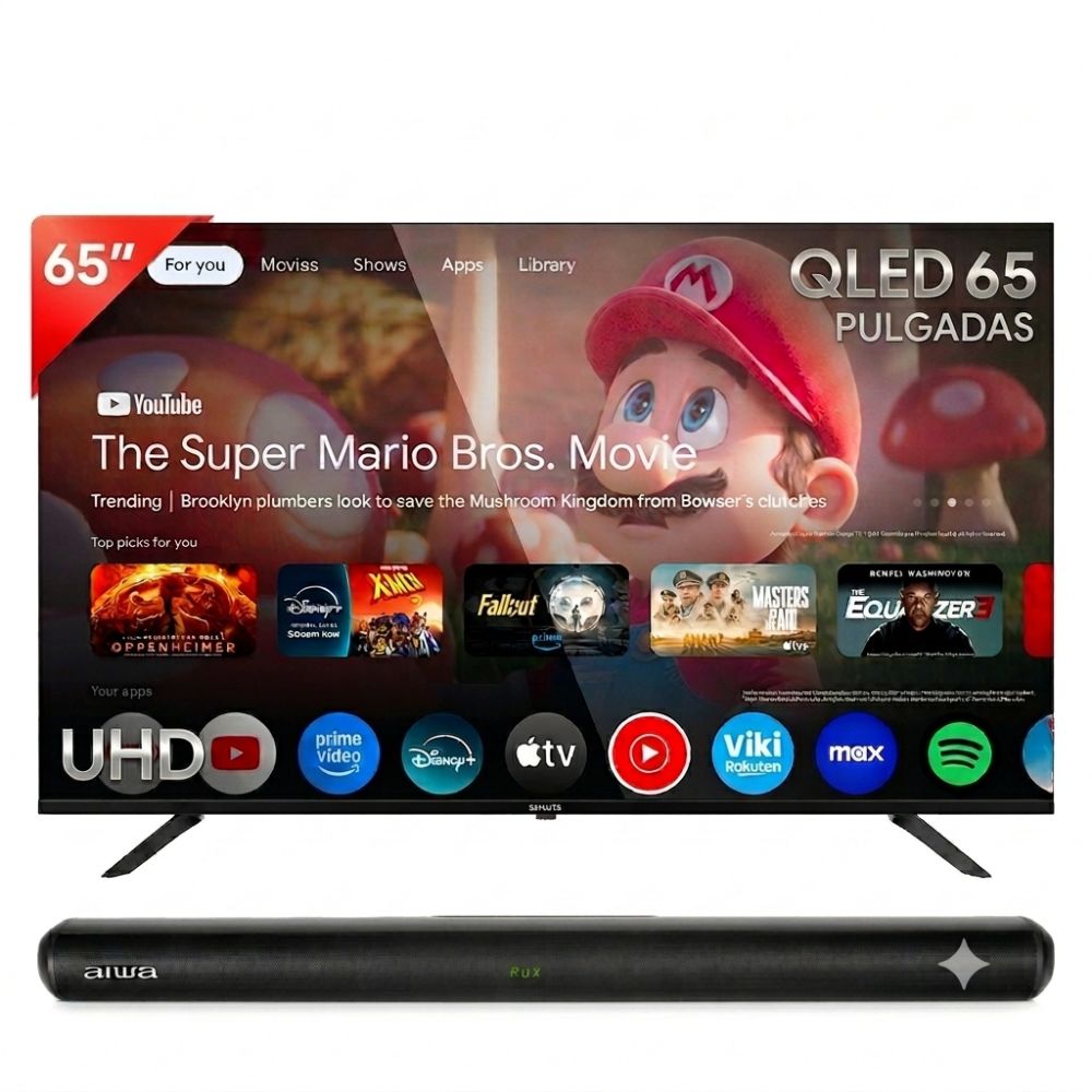 Combo TV Smart 65 pulgadas 4K QLED Aiwa Google TV AW65B4QSFG Mas Barra Aiwa AWSBH20 40W RMS