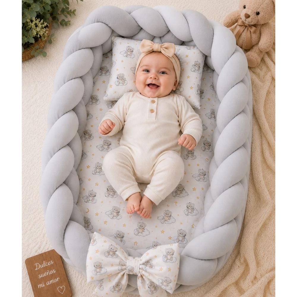 Nido Colecho Trenzado Para Bebés Con Almohada - Gris