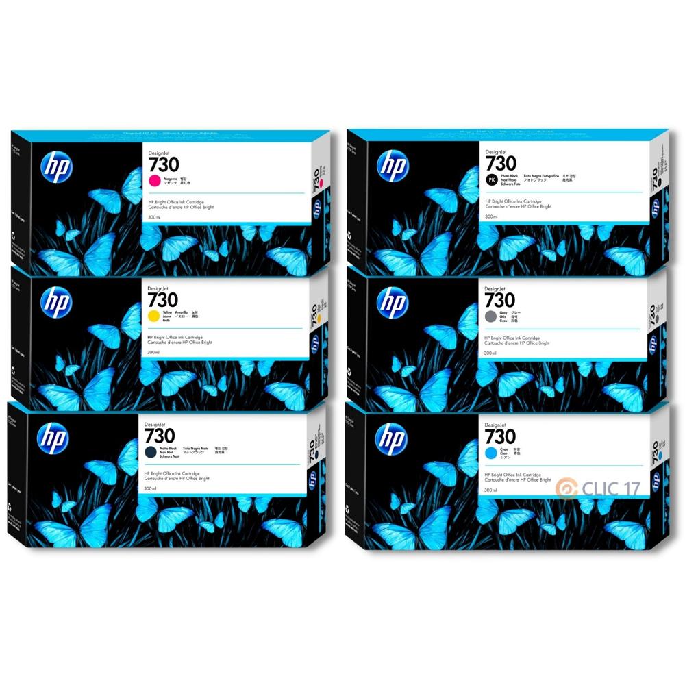 Kit Tinta HP 730 300ml Matte Black, Photo Black, Gris, Cian, Magenta, Yellow Original