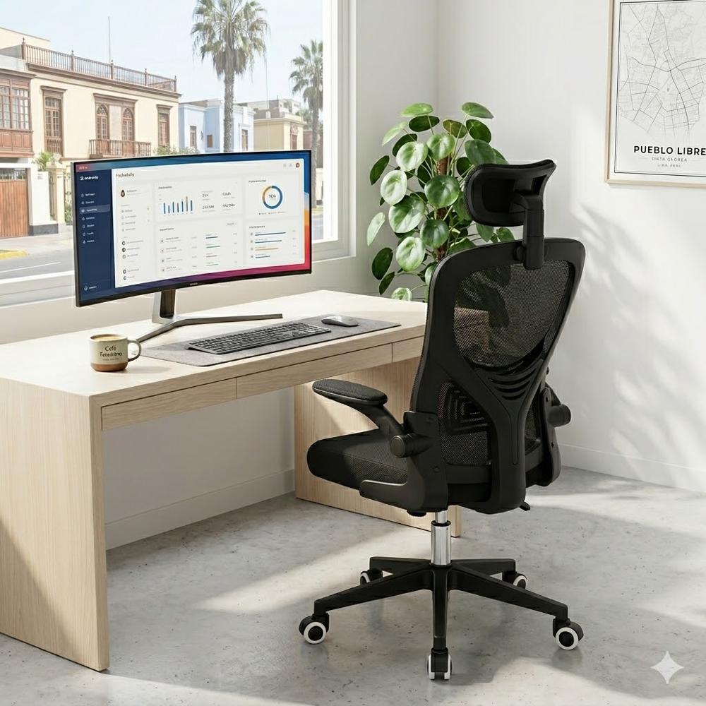 Silla de Oficina Ergonómica con Reposacabezas Ajustable y Respaldo de Malla
