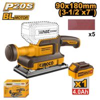 Lijadora de Acabado Brushless Ingco 20V con 5 Lijas con Batería 4.0AH y Cargador 4.0A CFSLI20313