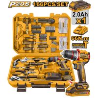 Taladro Percutor Brushless Chuck Metálico Ingco 20V 66NM con 166 Piezas y 1 Batería 2.0AH HKTHP41662