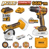 Kit Percutor Ingco 20V 66NM con Mini Amoladora 20V 76MM con 2 Baterías 2.0AH y 1 Cargador CKLI20766