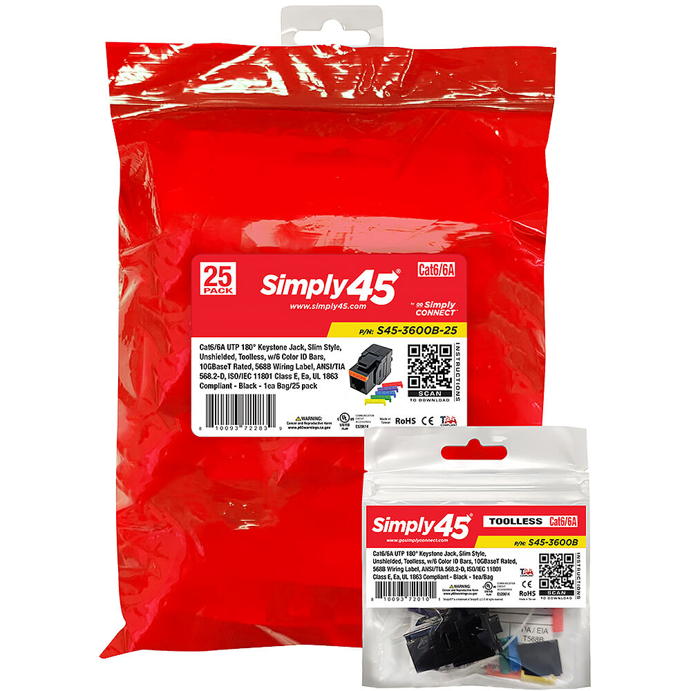 Simply45 Keystone Jack S45-3600B-25 Cat 6/6a UTP 180° Negro - Paquete de 25 Unidades