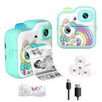 Cámara Infantil con Impresora Instantánea 1080P Unicornio para Niños Fotos Video HD Juegos Turquesa
