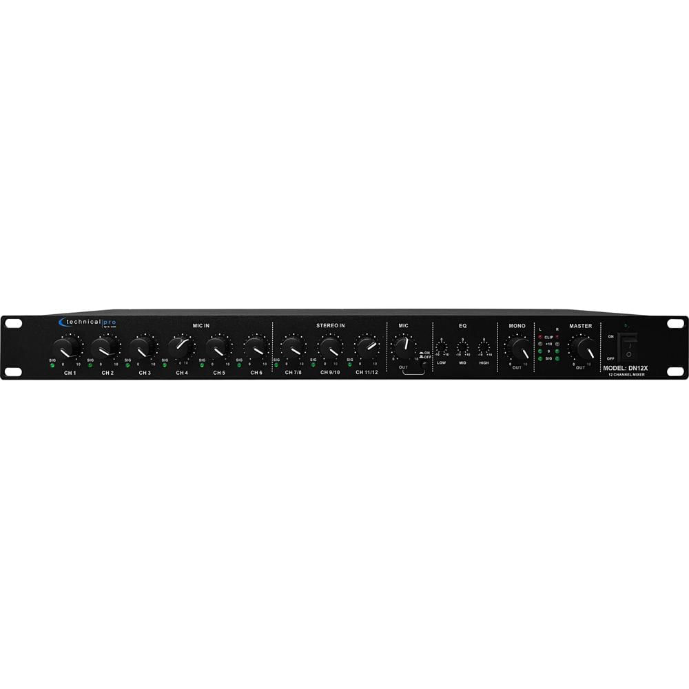 Technical Pro DN-12X Mezclador de 12 Canales con Prioridad de Micrófono, 6 Entradas Combo