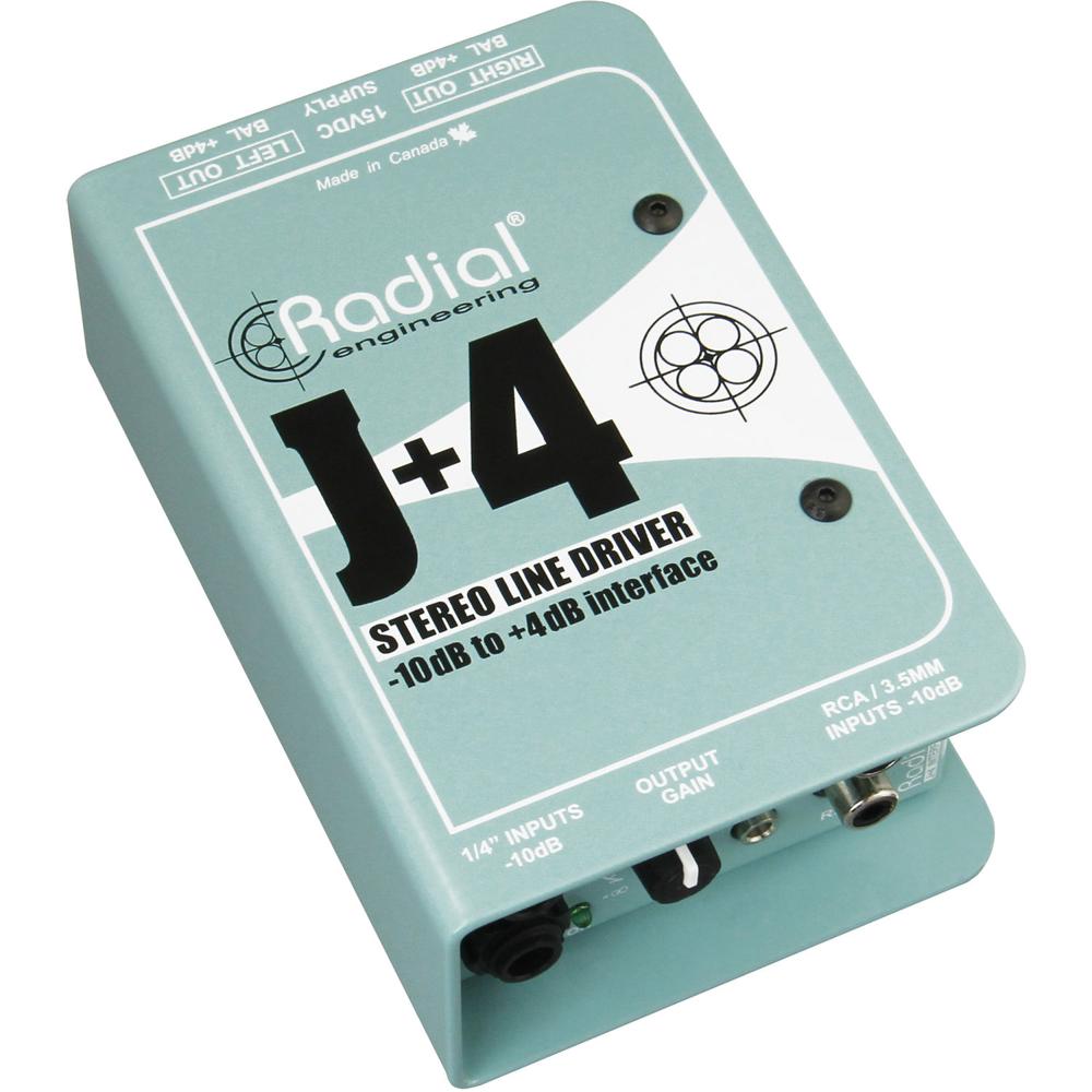 Radial J+4 Preamplificador Estéreo con Salidas XLR Balanceadas y Entradas RCA, 1/4"" y 1/8