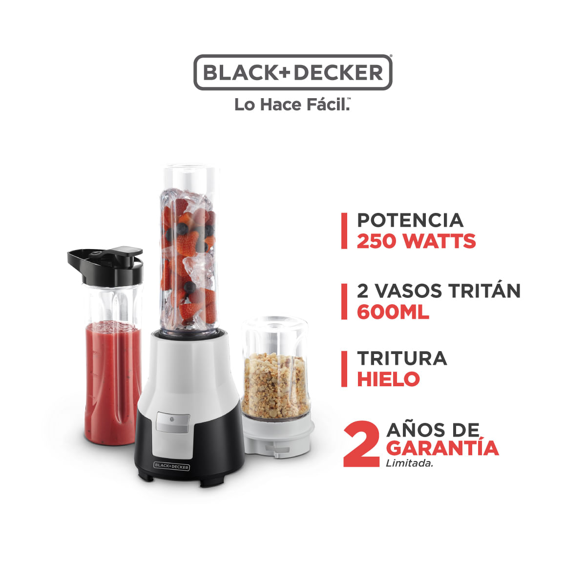 Licuadora Personal BLACK+DECKER 2 Vasosx600ml + Picadorax200ml Blanco/Negro