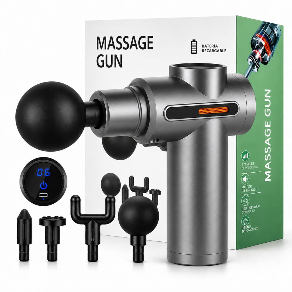 Pistola De Masaje Recargable 6 Velocidades 4 Cabezales Gris