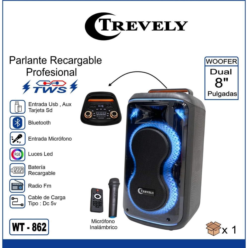 Parlante Dual 8 TREVELY WT-862 - Karaoke - 100W