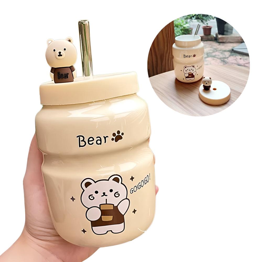 Vaso Tomatodo De Cerámica Con Diseños Bear Kawaii De 500 ml Blanco M1