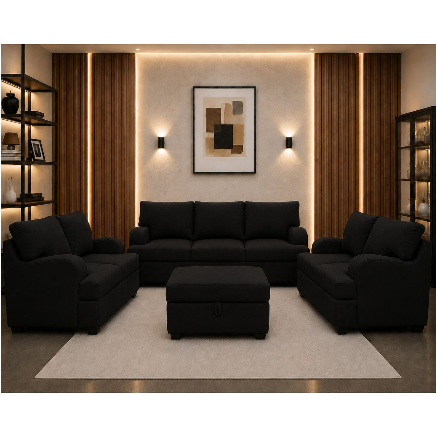 Juego de Sala Rumi Negro 321 Banqueta Baúl 2