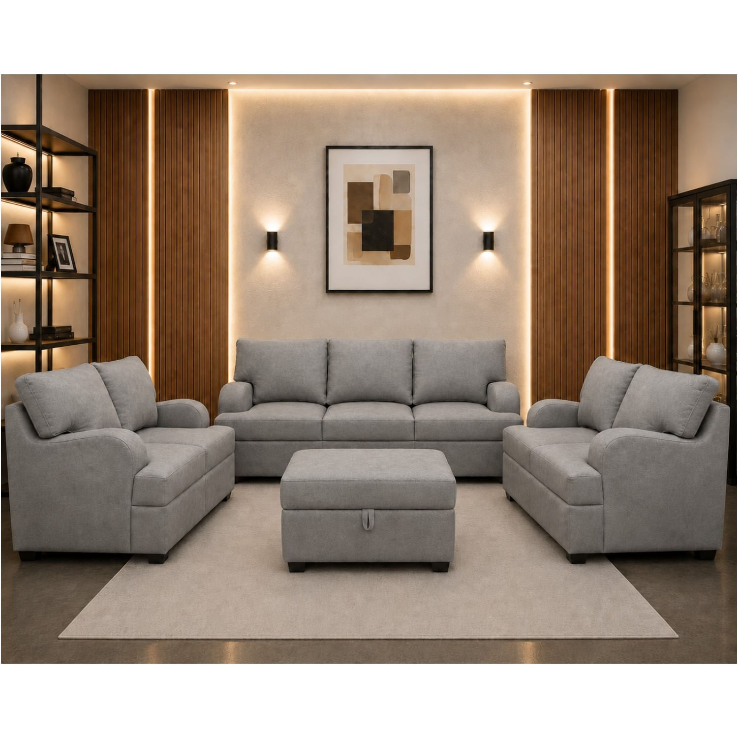 Juego de Sala Rumi Gris 321 Banqueta Baúl